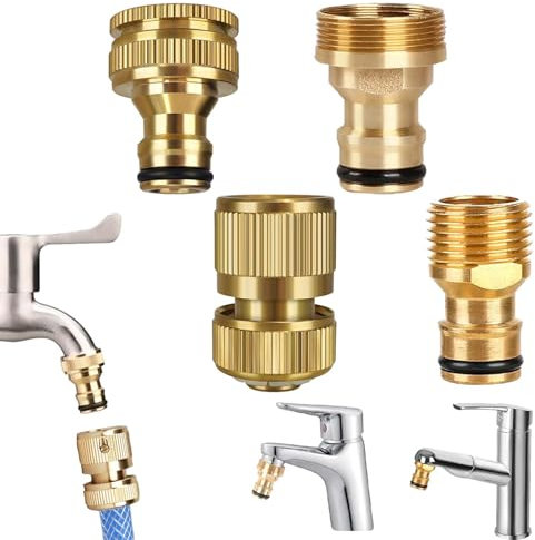 TREABEAR 4PCS Adattatore Rubinetto, Attacco Rapido Acqua 1/2 Pollice, Adattatore Rubinetto Canna Acqua, Tubo da Giardino Adattatore, 1/2 e 3/4 Connettore Acqua in Ottone 2 in 1 per Giardino e Cucina