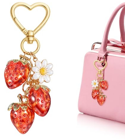 JIYIN Süßer Erdbeer-Schlüsselanhänger, bag charms, schlüsselanhänger damen, Kawaii Taschenanhänger mit Herz und Blume, Dekor für Mädchen, Geschenkidee,