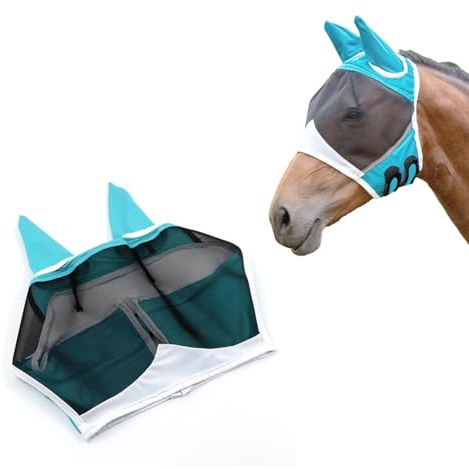 Fliegenmaske für Pferde mit Ohren - Atmungsaktives Strickgewebe & Mesh-Design für UV-Schutz, bequeme Passform für alle Pferde, Indoor & Outdoor (mehrere Größen) (Blau, S)