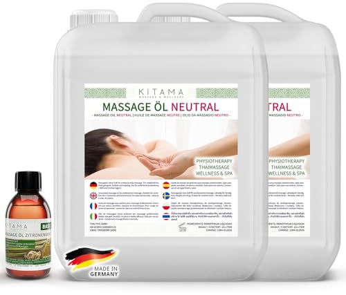 Kitama Massageöl Neutral 2x10L Duftlos + Aromaöl Zitronengras 250ml | Geruchsloses & hypoallergenes Massageöl ohne Parfum für Allergiker. Set inkl. 250ml Aroma-Öl für Thaimassage & Physio