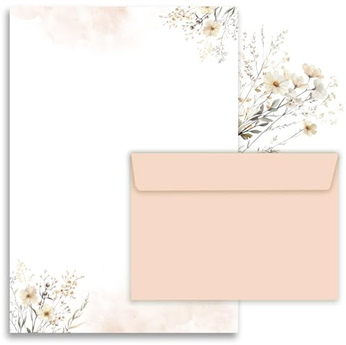 Briefpapier/Briefumschlag Set edel in Beige mit Wildblumen bedruckt 2 seitig A4 120 g/m² c6 80 g/m² von 10 bis 100 Blatt mit Umschlägen Kuvert vintage (20 Briefpapier MIT 10 Umschlägen)
