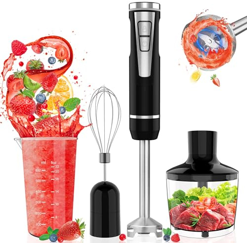 Batidora de inmersión inalámbrica de mano: batidora de mano inalámbrica 4 en 1 con picadora de 500 ml, vaso de 600 ml, batidor de huevo, palo de mano de 8 velocidades con recargable por USB para