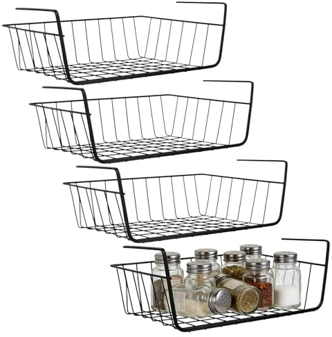 NAMYEUT 4 Stück Unterregal Hängekorb, Metall Schrankkörbe Hängekorb Schrank, Schwarz Regaleinhängekorb, Unter Regal Aufbewahrungskorb für Küche, Badezimmer, Büro, 31,5x20,5x11,5cm