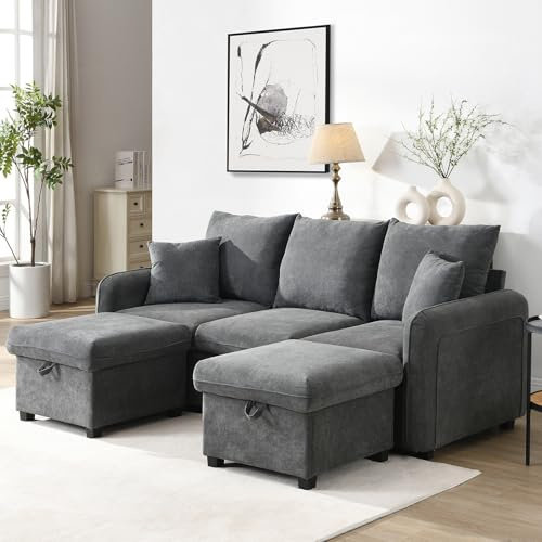 Set di divani ad angolo, a forma di U, divano a 3 posti, con 2 sgabelli e cassetti, divano letto modulare a 3 posti, in tessuto a coste, set multifunzionale per la casa piccoli appartamenti (grigio