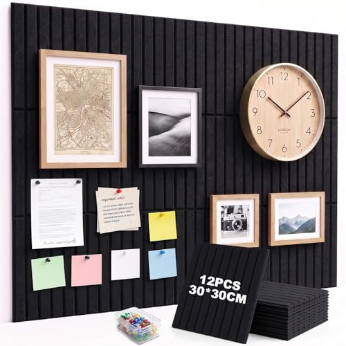 Cnwinu 12 Stück Große Filz Pinnwand Selbstklebend, 120x90cm Pinnwand Filz Selbstklebend, Pinwand mit 30 Pinnwandstecknadeln, Pinnwände für Büro und Küche, Vision Board, Memoboard, Fotowand, Schwarz