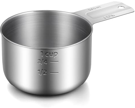 240ml Measuring Cup Single Metal Measure Scoop Kitchen Gadget | Stainless Steel, with Metric and US Markings, Dishwasher Safe, for Cooking and Baking