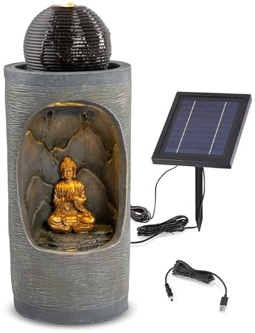 esotec Buddha-Figur Solarbrunnen für draussen mit Quelle H=49cm, LED, USB, Pumpe, Akku, Solarmodul, Gartenbrunnen mit Wasserspiel, Springbrunnen solar für außen, Vogeltränke 101388