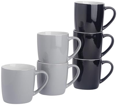 Argon Tableware Coloured Coffee Mugs - Black/Grey - 350ml - Pack of 6 - Gloss Ceramic Stoneware Latte Cappuccino Cups Hot Chocolate Cups Colourful Mug Set with Handle