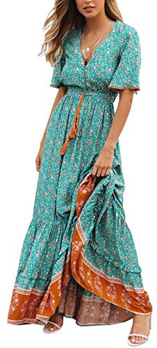 R.Vivimos Abito Boho Estivo Donna Abito Sexy Scollo a V Bottoni Manica Corta Vestito Elegante con Volant Orlo Abito Lungo Maxi da Spiaggia Casual per Le Vacanze(S,Verde)