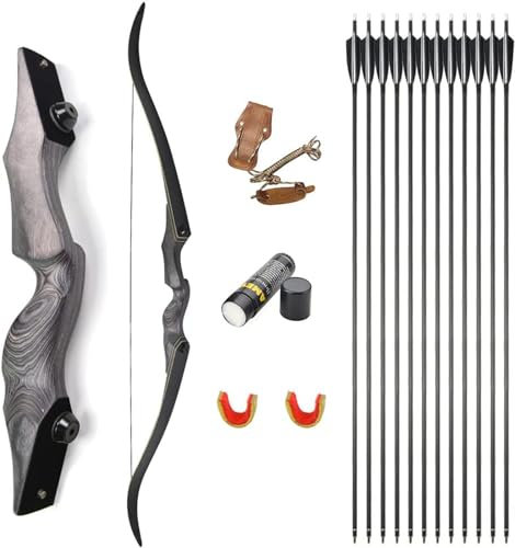 MILAEM 60 Bogenschießen Traditionelle Takedown Recurve Bogen und Pfeil Set Holz Riser 30-60lbs Langbogen Outdoor Jagd Erwachsene Bogen Rechtshänder (Grau, 40lbs)