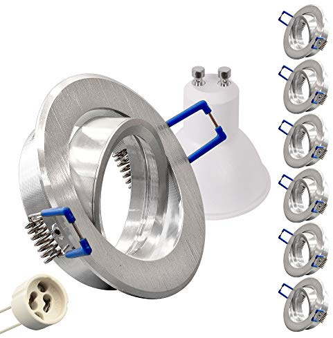 6er Spar SET Hochwertiger LED Einbaustrahler Aluminium gebürstet schwenkbar mit GU10 Fassung 230V RUND + 5W LED warmweiß Einbauleuchte Einbauspot Rahmen Rostfrei Deckenspot Strahler Spot Alu 5103