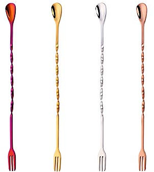 Meisha Twisted Mixing Spoon with Fork, Set of 4, 9.6 Inches Stainless Steel Long Cocktail Spoon, Bar Spoon (Multicolor)