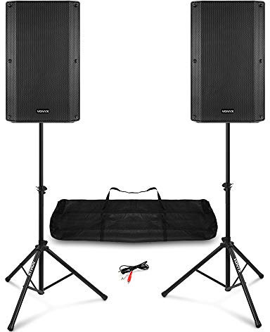VONYX VSA120S 12 Active DJ Speaker System 800W with Speaker Stands, Bluetooth Streaming, MP3 USB Playback & AUX Cable - Live PA Sound Solution