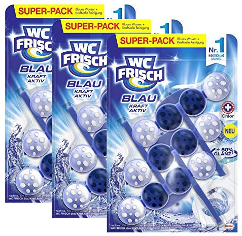 WC FRISCH Kraft Aktiv Blauspüler Chlor, WC-Reiniger, 3er Pack (3 x 150 g) Farbspüler mit 50 Prozent mehr Glanz