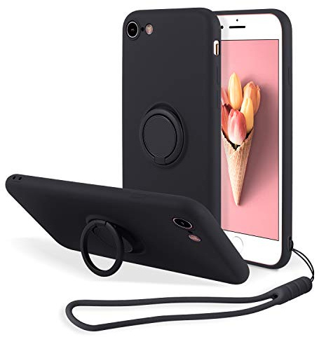 UEEBAI Ringhållare fodral för iPhone 7 Plus/8 Plus, smalt flytande silikon telefonfodral med 360 roterbar ringhållare ställ handrem med magnetiskt bilfäste stöttåligt fodral – svart