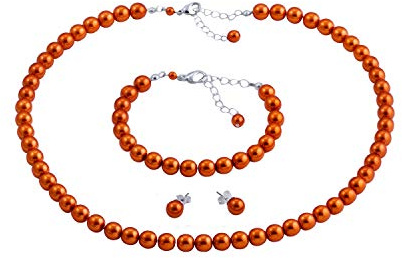 ba bijou-art Perlenkette Orange Armband Ohrstecker Titan Schmuck-Set Perlen 0,8 cm Versilbert