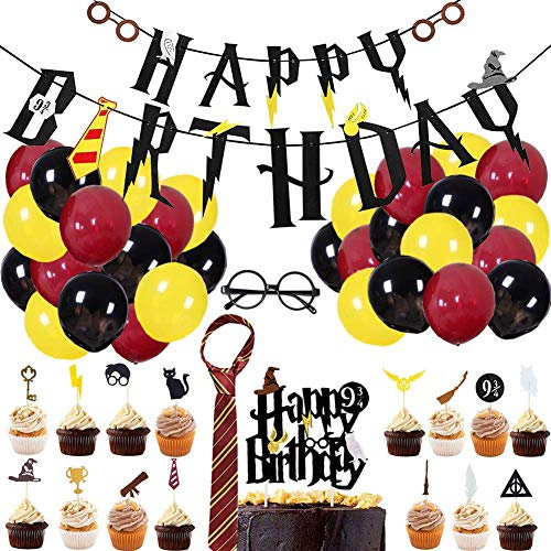 TANSHOP Magic Wizard Geburtstagsparty-49 Stück Zauberer Geburtstag Dekoration Set Krawatte Brille Cupcake Topper Kuchen Dekoration Banner für Geburtstagsdeko Themenparty.