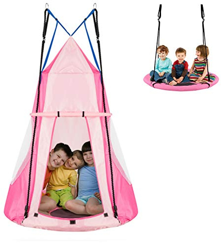 HONEY JOY Kids Hanging Chair Swing Tent, 2-in-1 40 Inch Hammock Tree Swing Seat & Detachable Play Tent, Max Capacity 330 LBS, Outdoor Indoor Nest Pod Swing Play House for Boys/Girls (Pink)