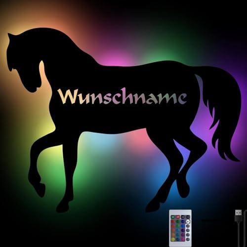 Namofactur personalisierte Pferde-Wandlampe mit RGB-Farbwechsel | Mit Wunschname, USB und Fernbedienung – optionales Netzteil und Farbauswahl für Kinder- oder Babyzimmer
