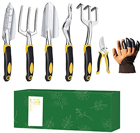 MKYRLX Gartenwerkzeug-Set, 7-teilig, Garten-Set mit robustem Aluminium-Handwerkzeug und Grabklaue, Gartenhandschuhe für Männer und Frauen