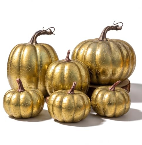 Kepfire 6 Stück Kürbis Deko Herbst,Künstlicher Kürbisse für Halloween | Kunststoff & Schaumstoff, Metall Riss Design, Funkelndes Goldpulver, Einzigartiges Design, Herbst Tisch Mittelstück Dekor
