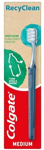 Colgate Recyclean Medium Toothbrush, Manual Toothbrush Medium, 100% Recycled Plastic Handle, 100% Plant-Based Nylon Bristles, Cleans Deep, Compact Head for Better Reach