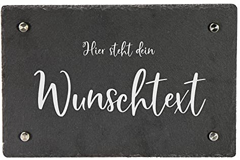 LAUBLUST Türschild Schiefer Personalisiert - Wunschtext, 8 Schriften Wählbar - Haustürschild mit Name - 3 Größen, 4 Edelstahl Wandhalter