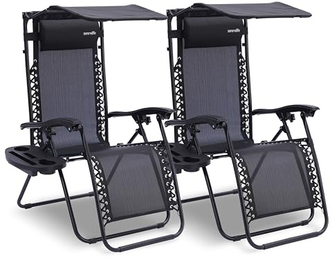 SereneLife Liegestuhl Klappbar 2er Set, Gartenliege Wetterfest für Balkon, Strand, Terrasse & Garten, Campingstuhl mit Sonnendach, Beistelltisch & Getränkehalter, Relaxliege mit Stahlrahmen, Schwarz
