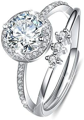 KristLand - Mujer Double Capa Anillo de Plata de Ley con Circonita Cubica Claro, Ajustable Anillo de Compromiso de San Valentín, Boda, Cumpleaños, con Caja de Regalo para Damas