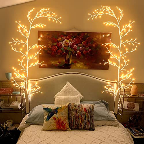 GOESWELL Wall Decor Twig Lights: 7.5TF 144 LED Willow Branches Tree Light Warm White - Twig Lights Mains Powered Artificial Grape Vines for Bedroom Living Room Christmas Home Decor