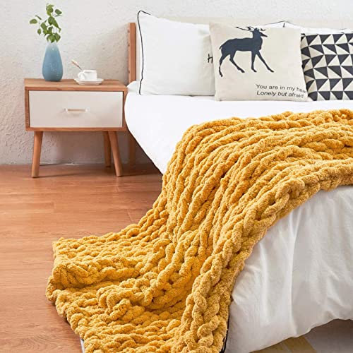 PRELGOSP Weicher Strickdecke, Handgefertigt Grob Gestrickte Kuscheldecke, Wolldecke Strick fur Haustier Bett Stuhl Sofa,Gelb,200x200cm
