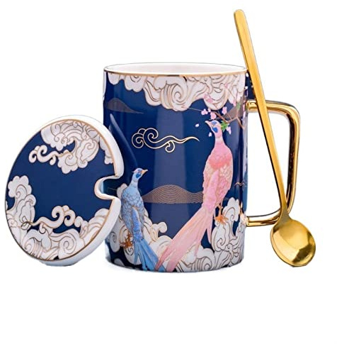 ARZARF Taza de Café Taza Creativa con Personalidad, Taza de Porcelana Antigua de Estilo Chino, Taza de café de Gran Capacidad con Cuchara con Tapa, 450ML Taza de Café de Viaje (Color : A)