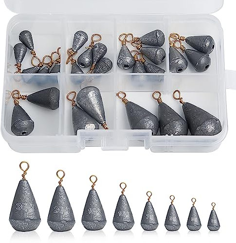 Realure 25 Stück/8 Größe Angelblei Set 2g 3g 5g 7g 10g 15g 20g 30g Sinker Blei Angeln, Birnenblei Grundblei Angeln, Dropshot Blei für Seefischerei, Salzwasser Süßwasser