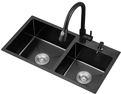 Küchenspüle, schwarzes Waschbecken, Gemüsebecken aus Edelstahl 304, Doppelwaschbecken, Einbau-Installation (Farbe: Schwarz, Größe: 72 x 40 cm)