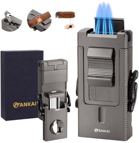 FANKAI Zigarrenfeuerzeug, Multi-Tool Taschenlampe mit Schiebepoker und zigarre, Butan Feuerzeug Triple Jet Flame