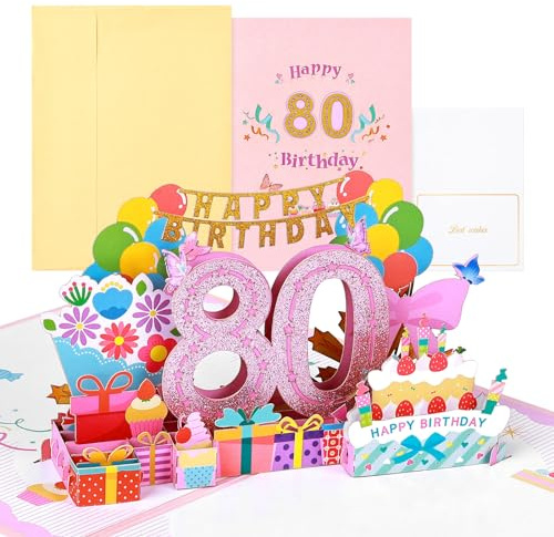 joyoldelf 80 Jahre alte Geburtstagskarte, Pop Up Grußkarten, 3D Pop Up Karte Geburtstag Grußkarte, Geburtstagskarten mit Umschlag für Frauen Mütter Mädchen Freunde Romantik Geschenk-Karte