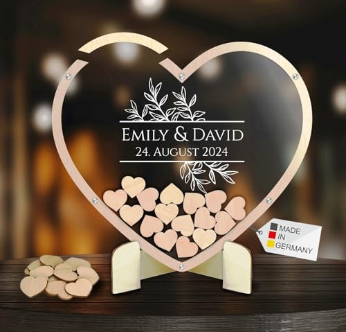 Gästebuch aus Holz und Acrylglas transparent zur Hochzeit, personalisiert, Wunschgravur, inkl. Herzen