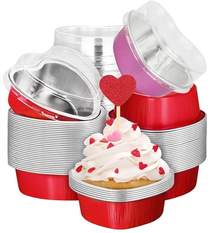 50 herzförmige Kuchenformen mit Deckel, Mini-Einweg-Backform, Cupcake-Förmchen aus Aluminiumfolie, für Valentinstag, Hochzeit, Geburtstag (25 rosa und 25 rot)