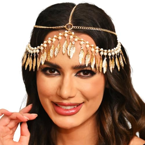Handcess Boho Kopfkette gold Quaste Kopfbedeckung Festival Perlen Stirnband Braut Haarschmuck Haarkette Schmuck für Frauen und Mädchen