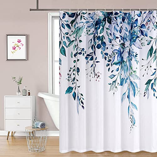 REZAYMRS Eucalyptus Blumen Duschvorhänge mit 12 Haken, Marineblau, 180x200 | Polyester Stoff Wasserdicht Hotelstil Duschvorhang für Badezimmer, Maschinenwaschbar, Schnell Trocknend, Beschwerter Saum