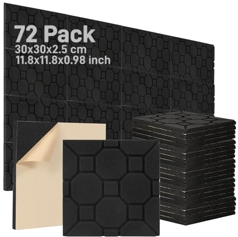 Fiqops 72 Stück Akustikschaumstoff Selbstklebend Akustikpaneele 30x30x2.5cm Schalldämmung wand Echo-Fliesen reduzieren,Schallschutz für Tonstudio,Gaming Deko,Podcasts, Schwarz Polygon
