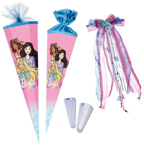 Nestler School Cone Set for Filling, Handmade Cardboard Sugar Cone - Licensed Motif Barbie Girl, School Cone, Lace Protection, Bow (85 cm Hexagonal)