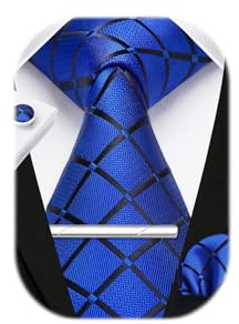 HISDERN Herren Hochzeit Krawatten und Einstecktuch Krawatte Plaid Manschettenknöpfe-Krawattenklammer-Set
