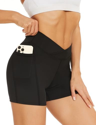 Becellen Cykelbyxor, dam med fickor, V-cross hög midja, sportbyxor, korta leggings, ogenomskinliga sportshorts, stretchiga hotpants, bekväma, svart, S