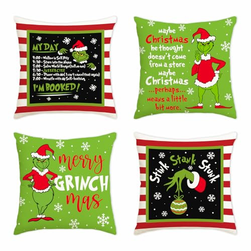 IDEAPRON Lustige Weihnachts Kissenbezüge, 4 Stück Weihnachts Kissenbezüge, Lustige Büffel Kissenbezüge Dekoration, Bauernhaus Urlaubs Dekorationen für Zuhause Bett Couch Sofa, 45 x 45 cm