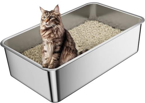 Barhon Katzenklo Edelstahl XXL 60 x 40 x 15 cm, Katzentoilette Edelstahl groß für Großkatzen mit hoher Seite, Katzenklo Metall Nicht klebend, leicht zu reinigen