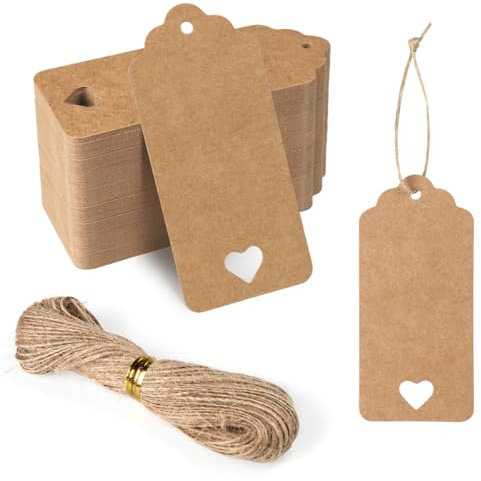 FOMGIIN Kraft Paper Gift Tags, 50 Pcs Brown Heart Tags with 30M Jute Twine String for Crafts, Wedding, Christmas, Easter, DIY