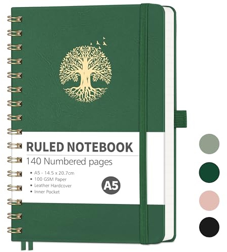 RETTACY A5 Spiral Notebook, Lined Journal, 140 Pages, DarkGreen | Hardback Notepad for Women Men, 100 GSM Thick Ruled Paper, for Writing Work Office School - 14.5 × 20.7 cm