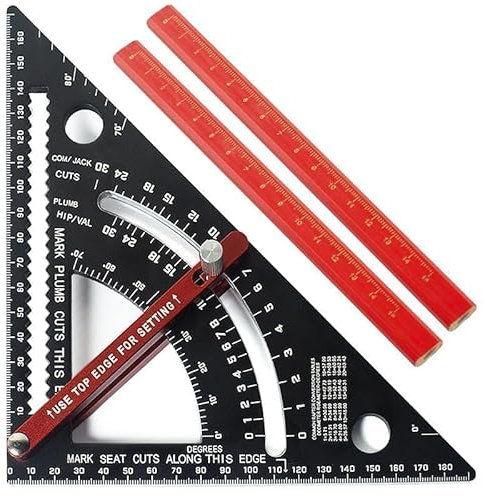 Zimmermannswinkel Set 7-Zoll Dreieck Winkelmesser - Dreieckslineal Anschlagwinkel 90° Tischlerwinkel Einstellbar Schreinerwinkel mit 2 Zimmermannsbleistift für DIY Zeichnen Präzisen Anreißen