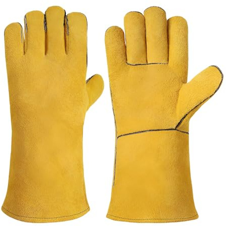 FANWINKJ Welding Gloves, Heavy-Duty Leather Welding Gloves, Heat Resistant, Cut-Proof, Long Sleeve Industrial Gloves for BBQ, Oven, Fireplace, Gardening, Men & Women